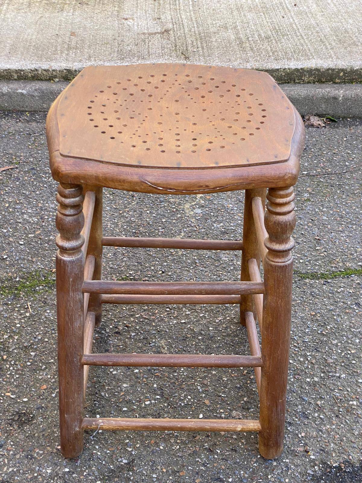 Vintage square stool made of solid wood from the 19th century, 55cm.
