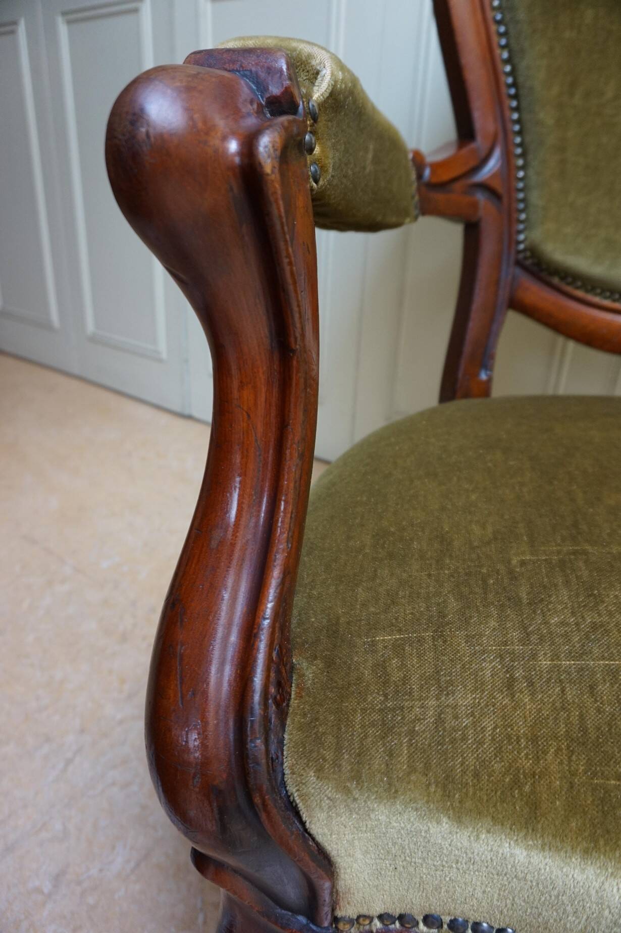 Mahogany Napoleon III Armchair with Carved Grapes  Decoration on Top, 1870s