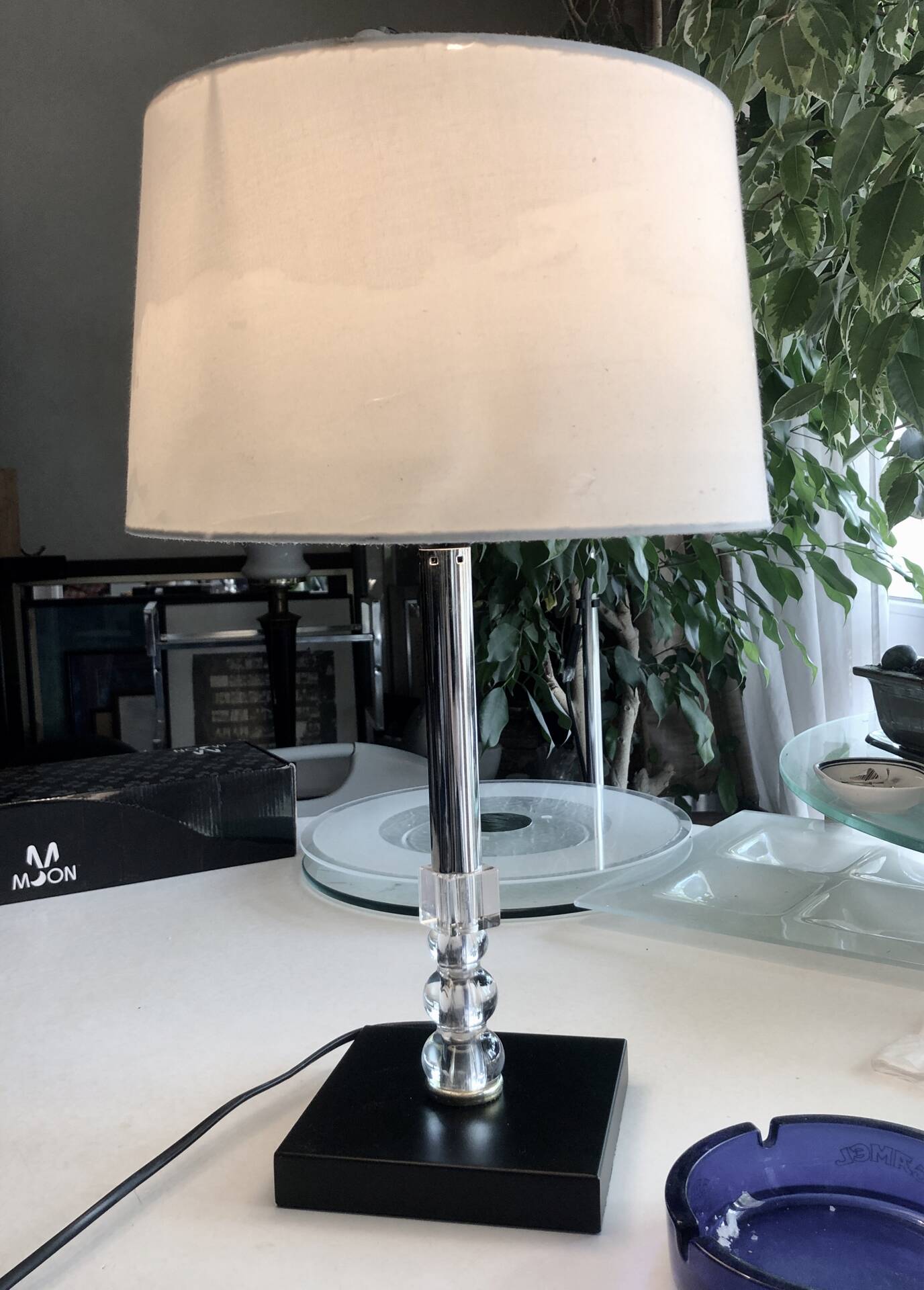 Silver-plated metal lamp base with crystal.