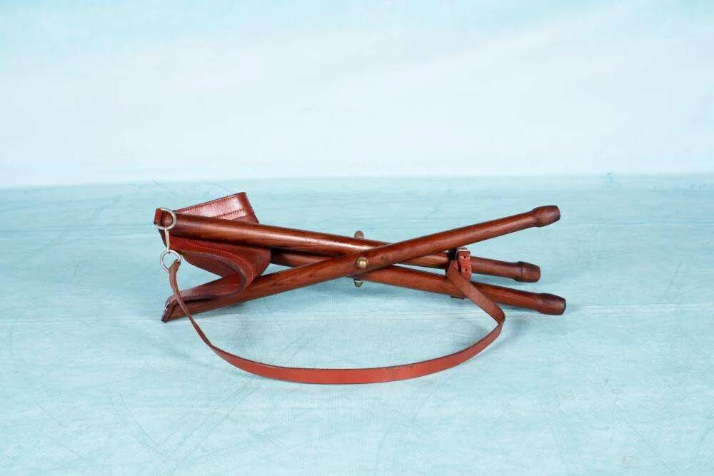 Scandinavian bohemian leather stool, Danish teak stool.