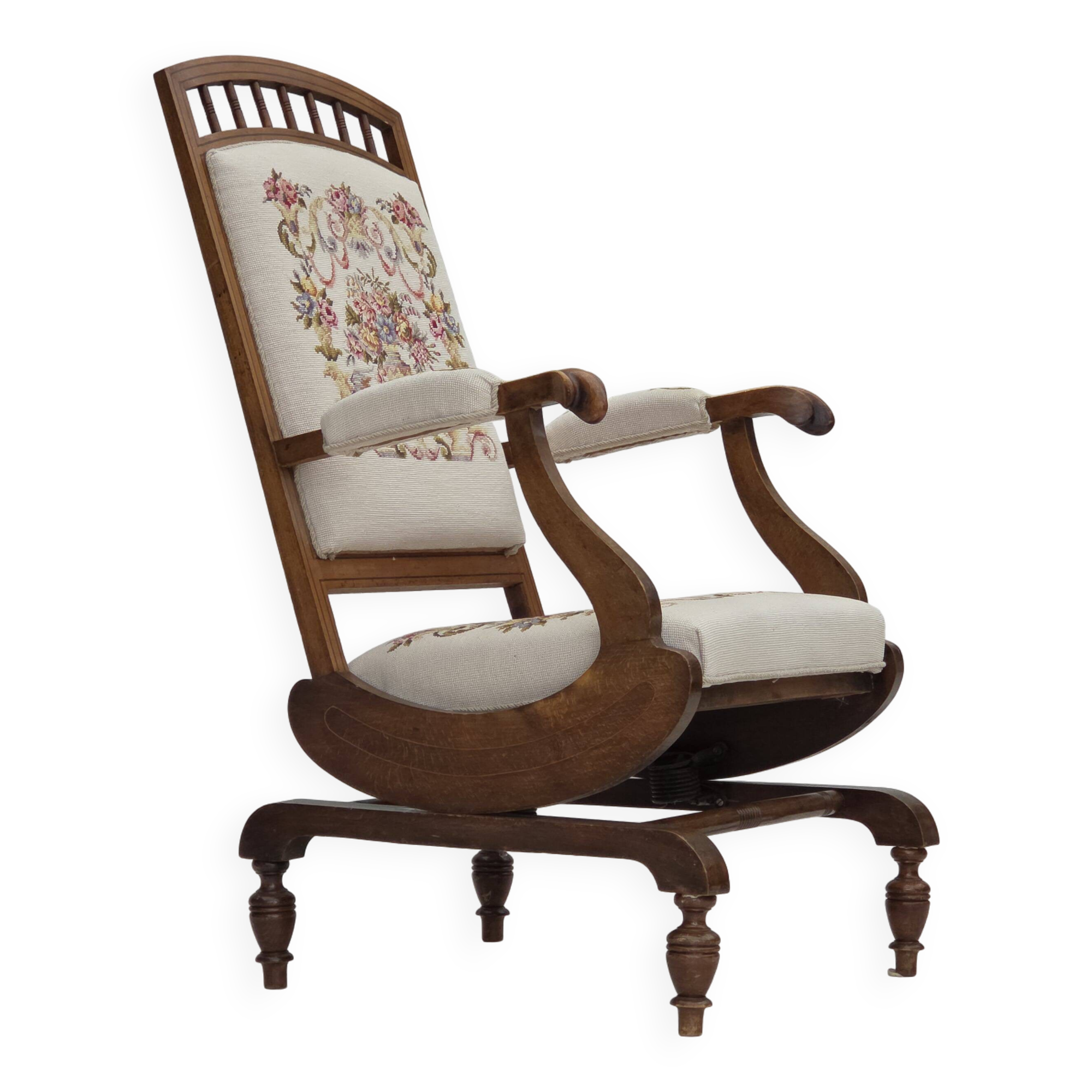 1930s, Danish highback rocking chair, original hand woven wool, ash wood.