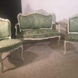 Two Louis XV style chairs, spine and green silk fabrics
