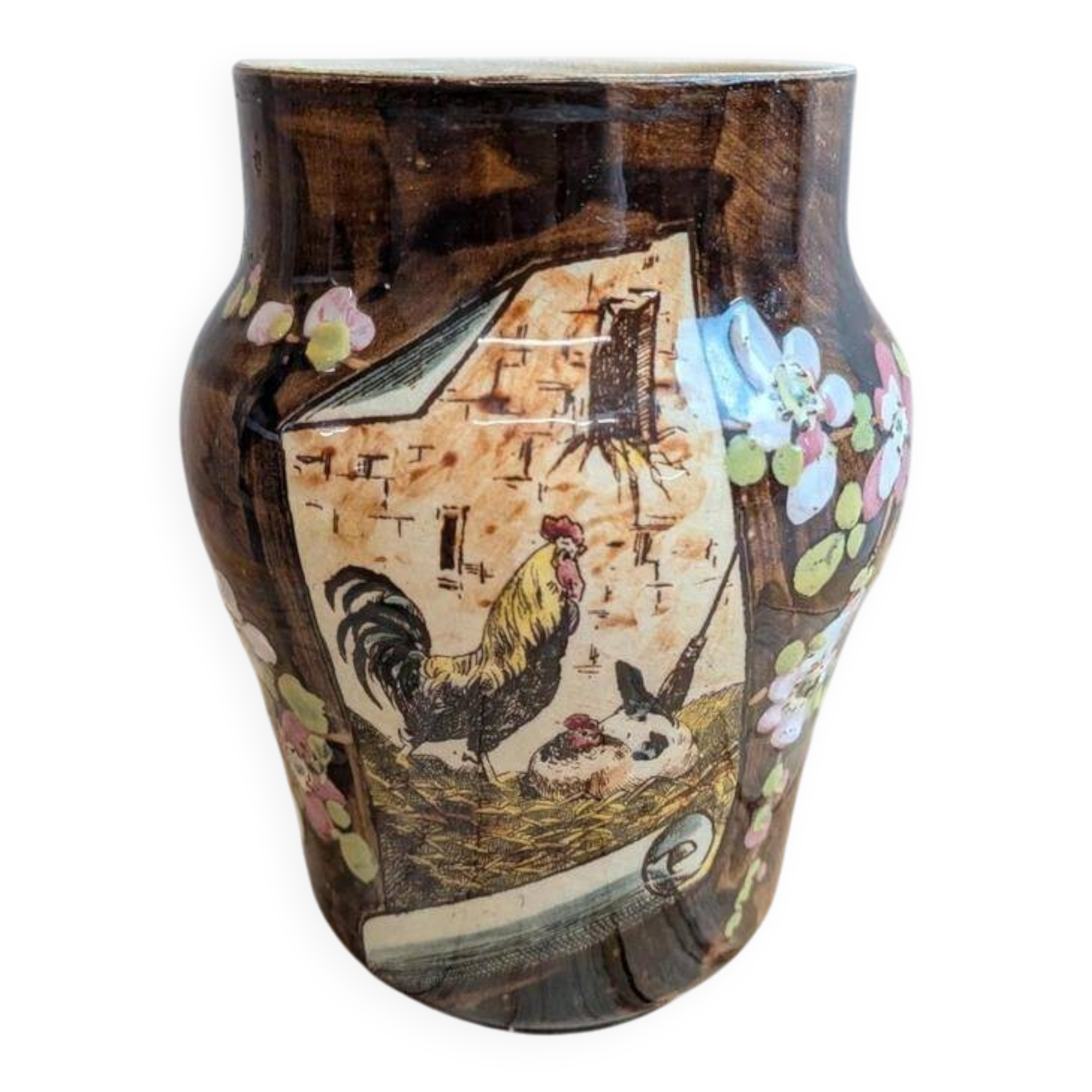 Antique flower pot in majolica by Théodore Lefront – rooster and hen – 19th century