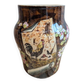 Antique flower pot in majolica by Théodore Lefront – rooster and hen – 19th century