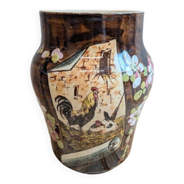 Antique flower pot in majolica by Théodore Lefront – rooster and hen – 19th century
