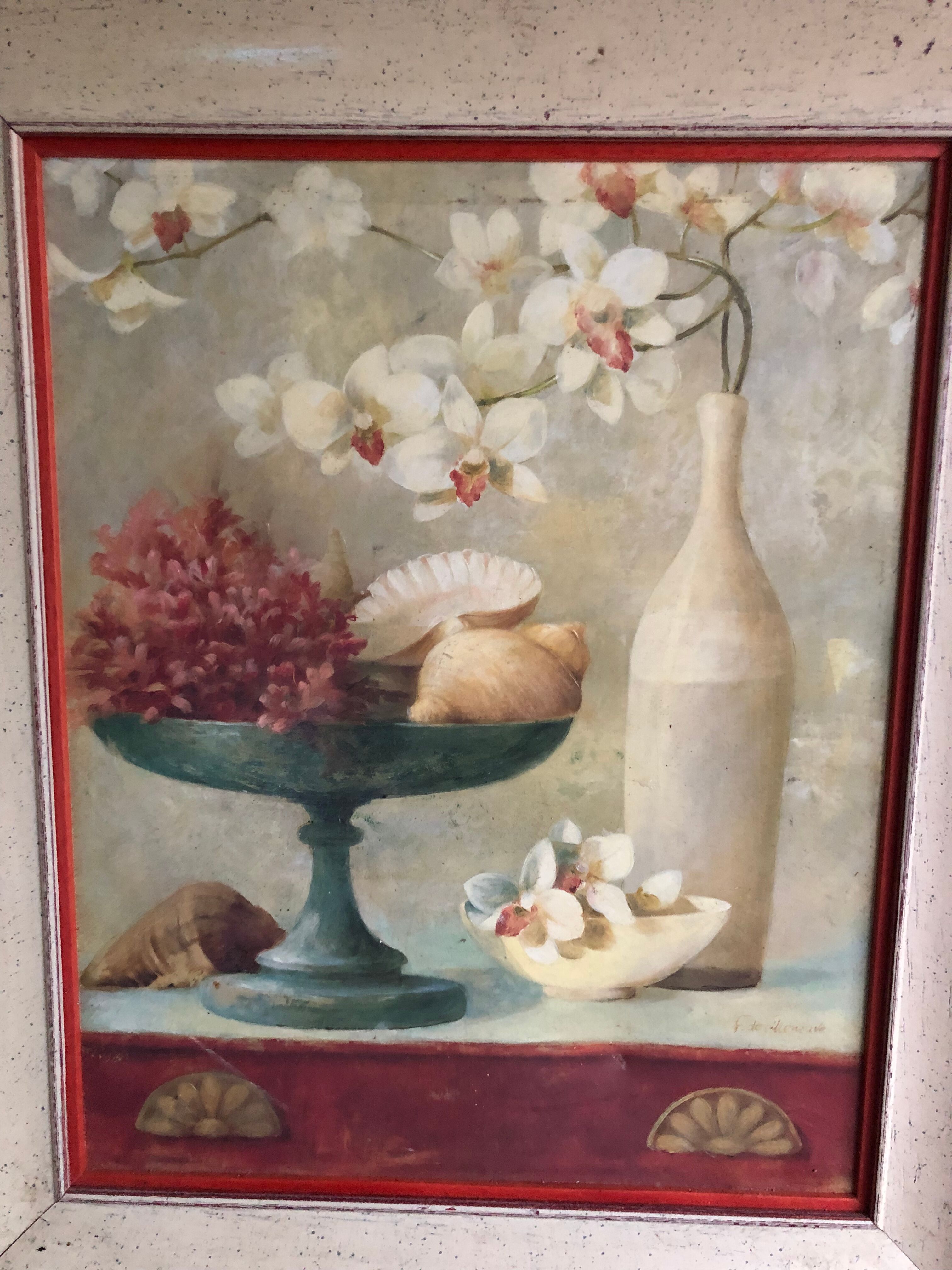 Oil on canvas Flowers and shells F. De Villeneuve
