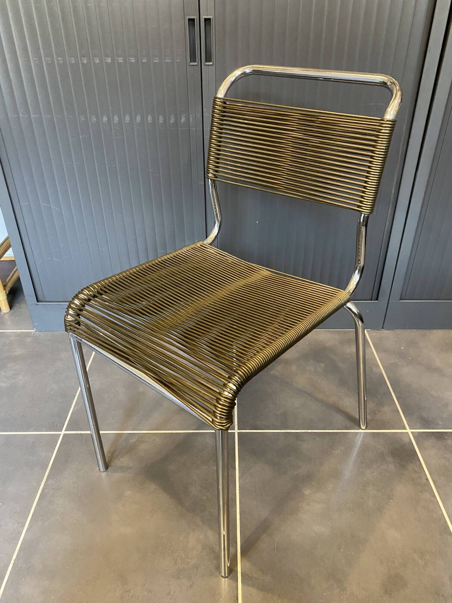 Scoubidou chair or vintage 1960s khaki green chrome spaghetti chair