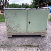 Vintage low wooden cabinet painted green and white with a floral fabric top (1950s)