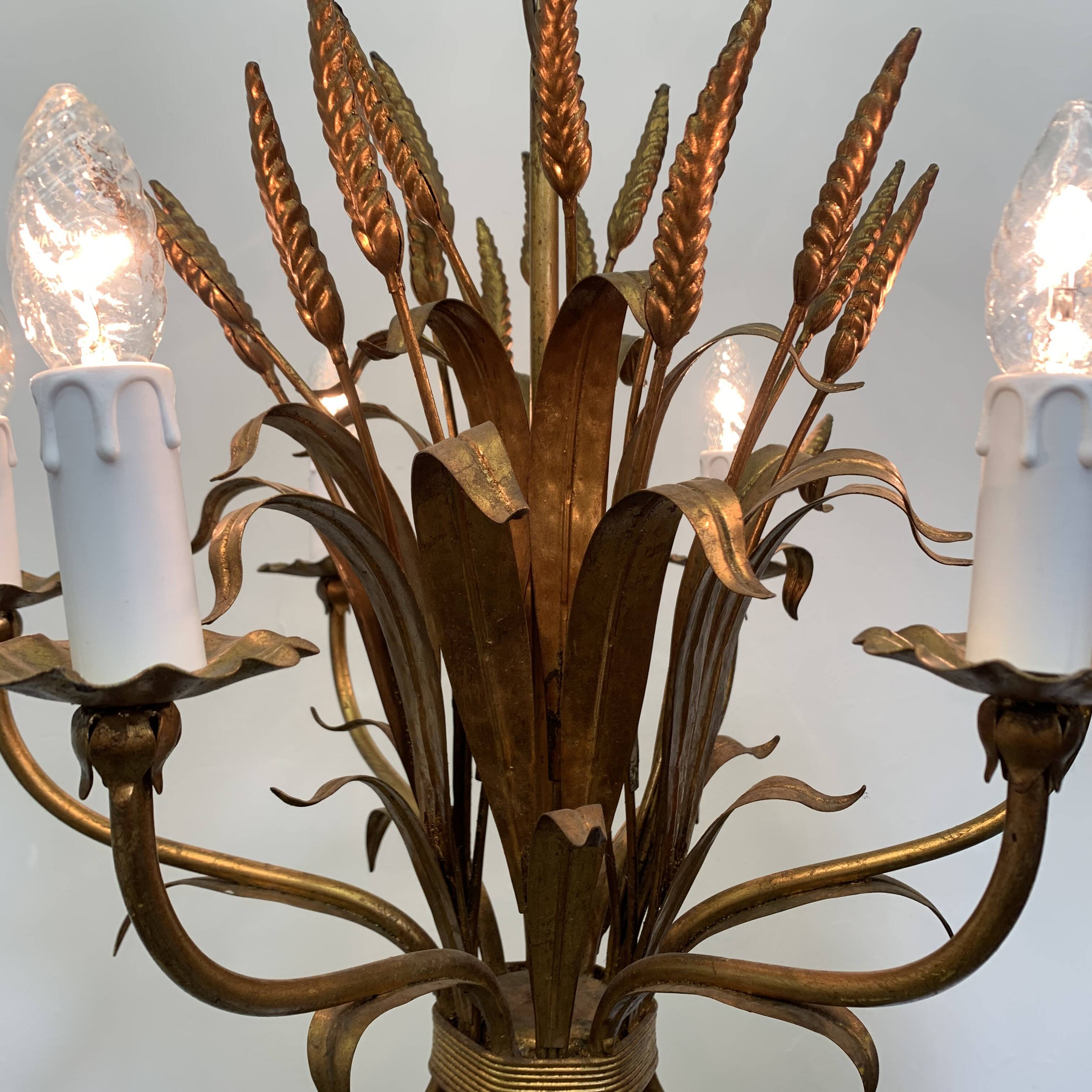 Large wheat sheaf leaf gold gilt chandelier, 1960’s