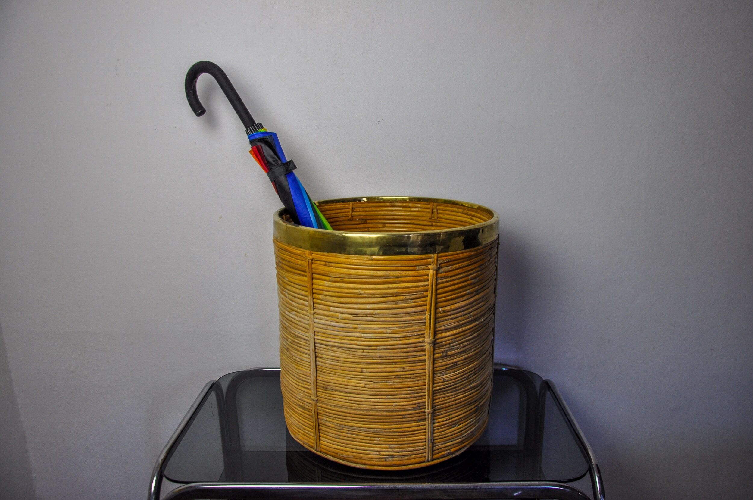 Basket xl in rattan and brass, italy, 1970, 41cm diam