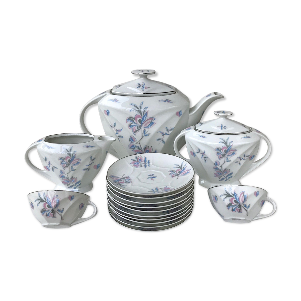 Service à Thé Miniature En Porcelaine 1:12 Pour Maison De Poupée - Bleu Et Blanc Imprimé Floral