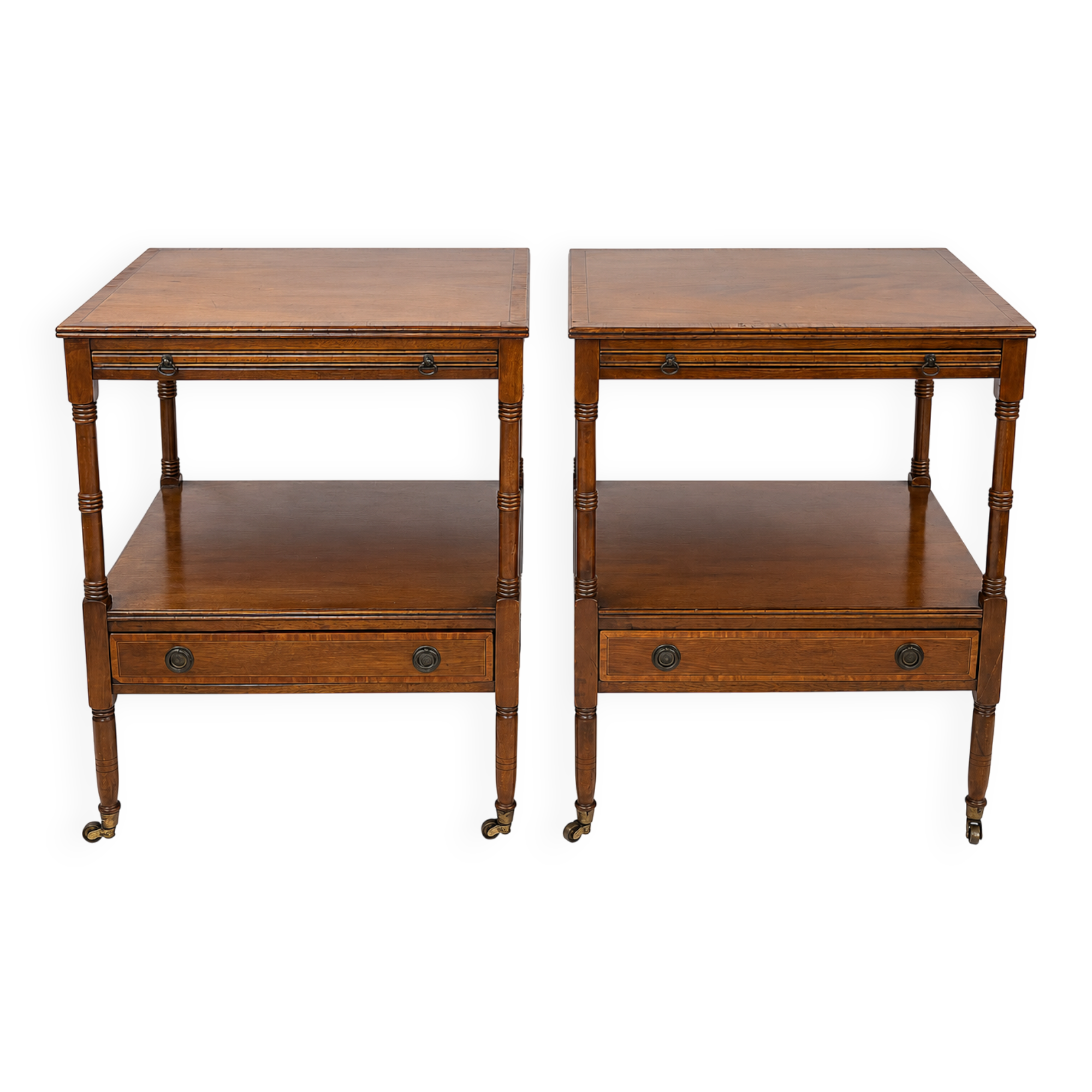 Pair of English mahogany side tables with sliding shelf.