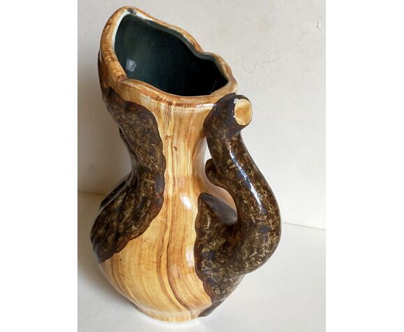 Faux-bois ceramic pitcher signed "Cérart" MONACO vintage