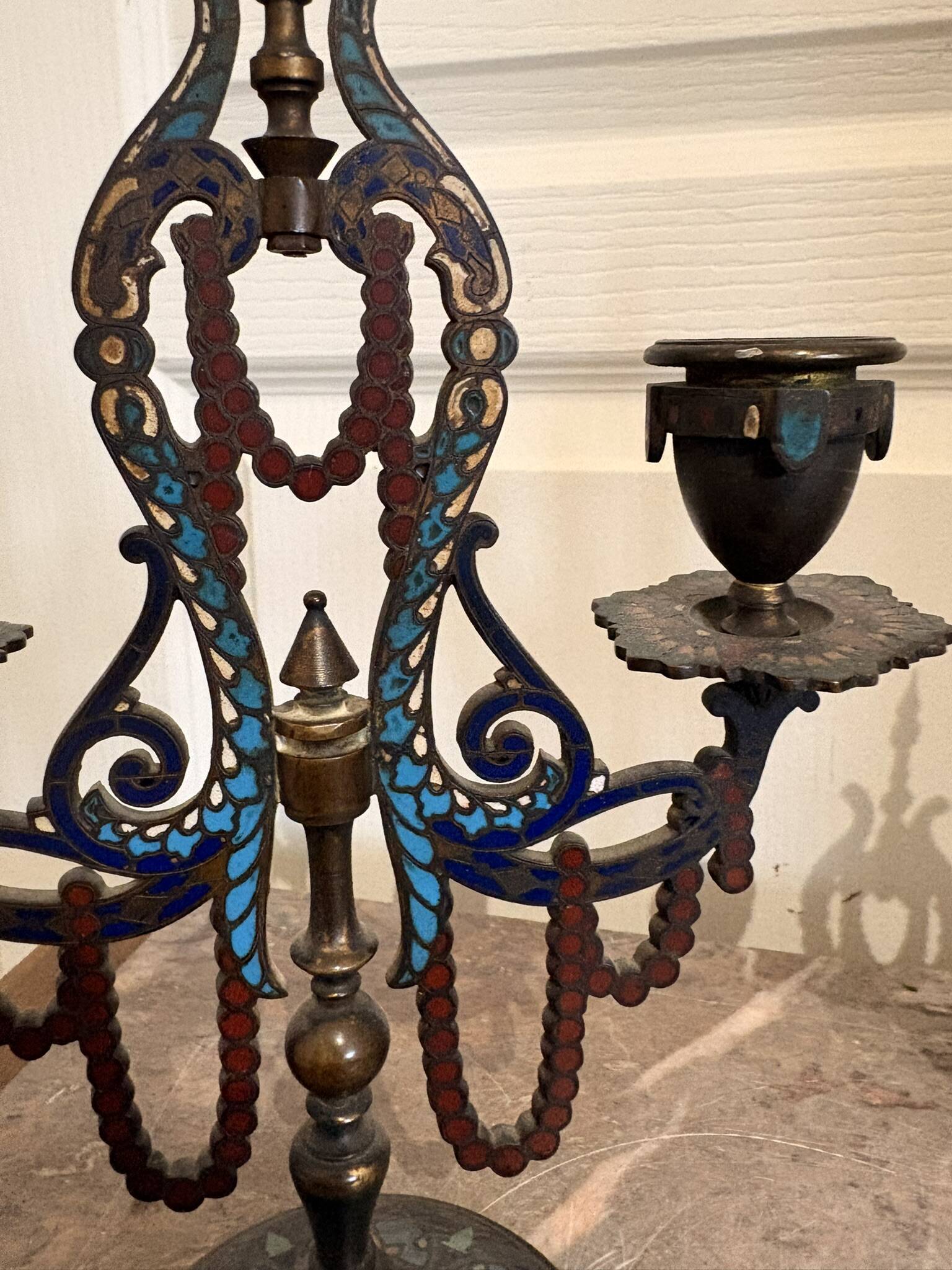Pair of Candelabra Chandelier Champlevé Enamel Napoleon III Barbedienne