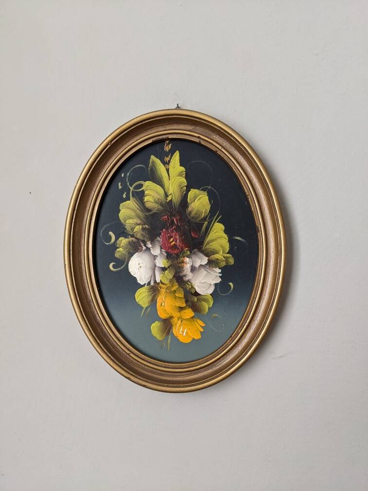 Tableau ovale acrylique sur bois cadre doré nature morte fleurs campagne