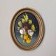Tableau ovale acrylique sur bois cadre doré nature morte fleurs campagne