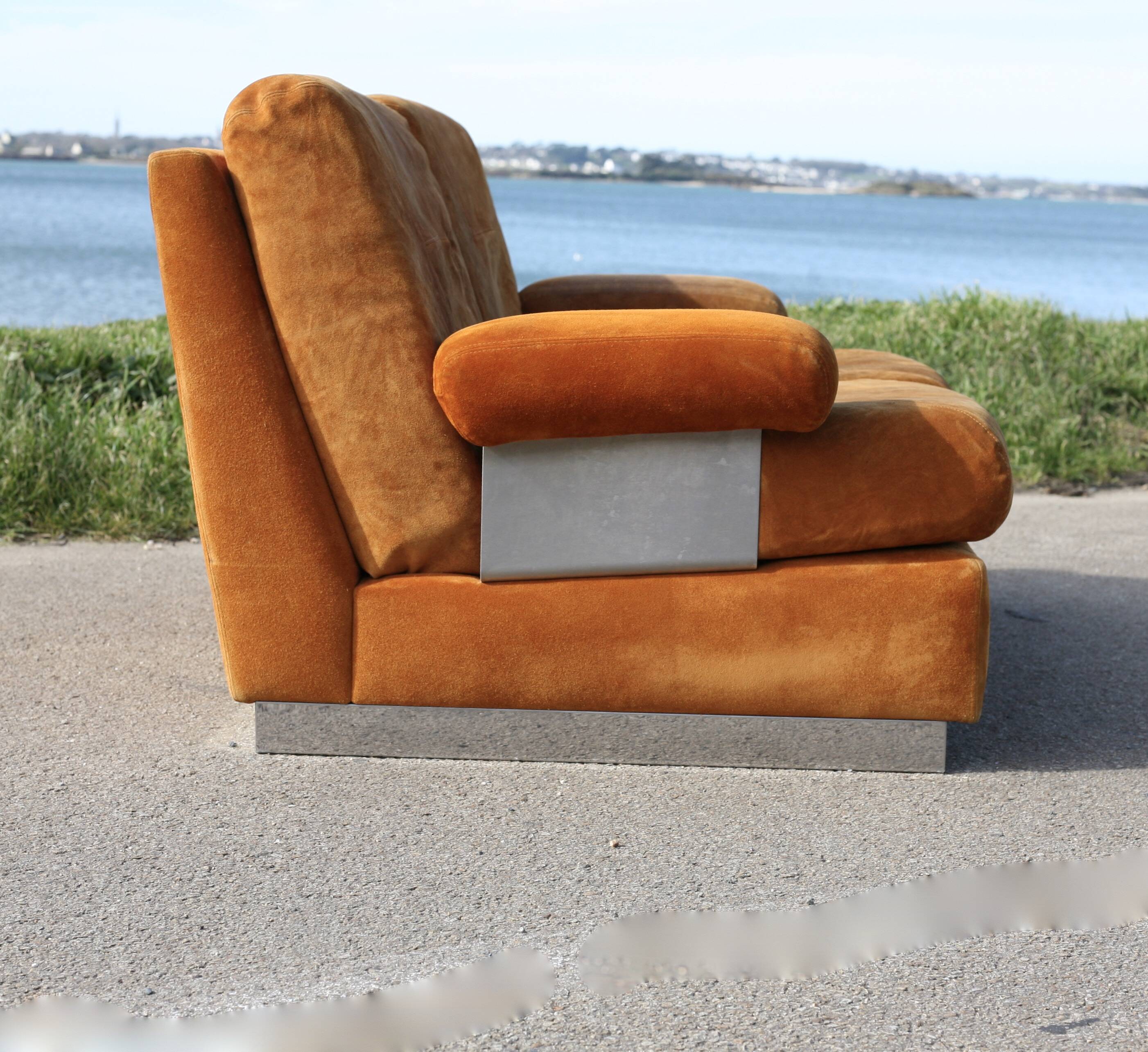 Orange suede leather and steel sofa. Circa 1970