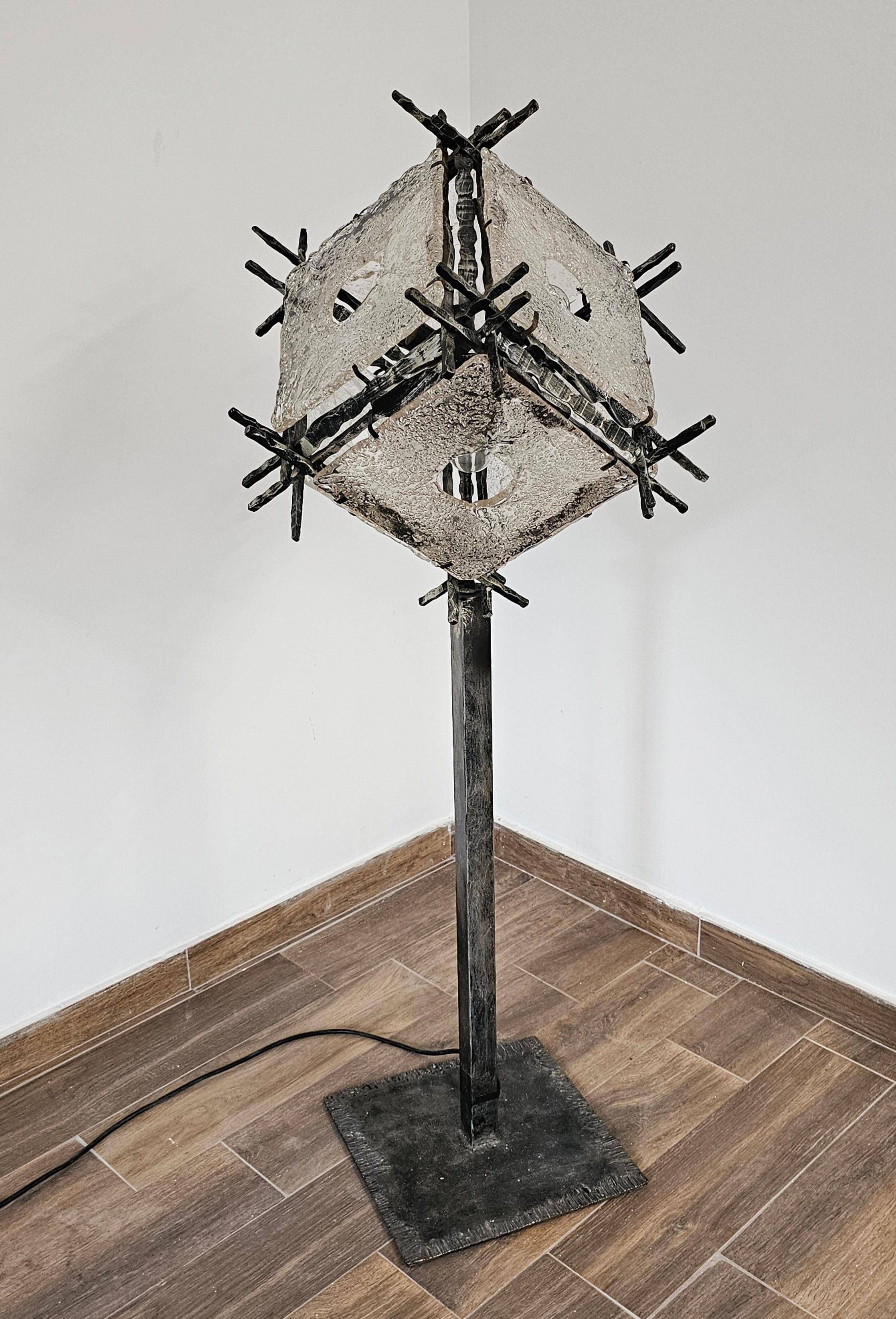 Brutalist floor lamp with Murano glass panels by Longobard.