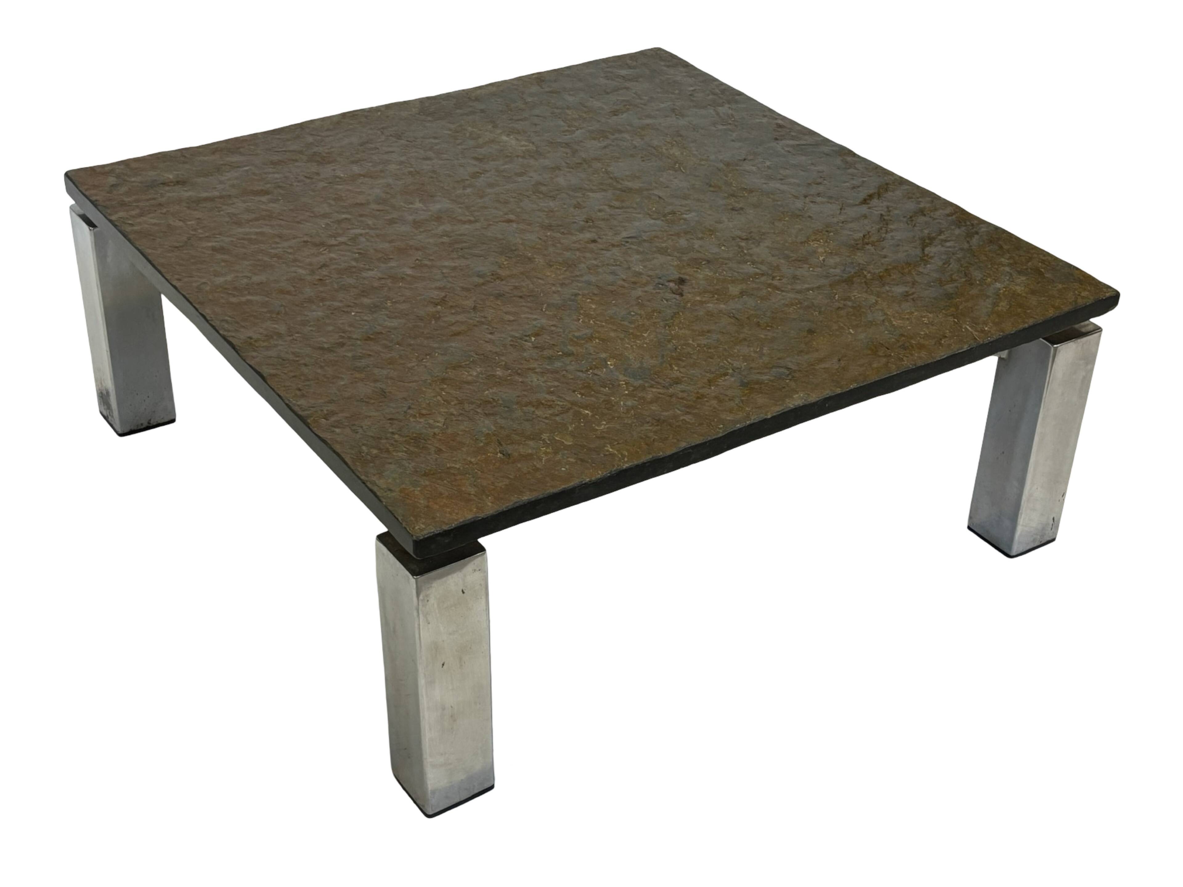 Table basse carrée plateau en pierre et piètement en acier chromé - années 60