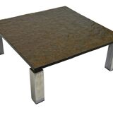 Vintage Square coffee table with slat stone top and chromed steel base - 1960s