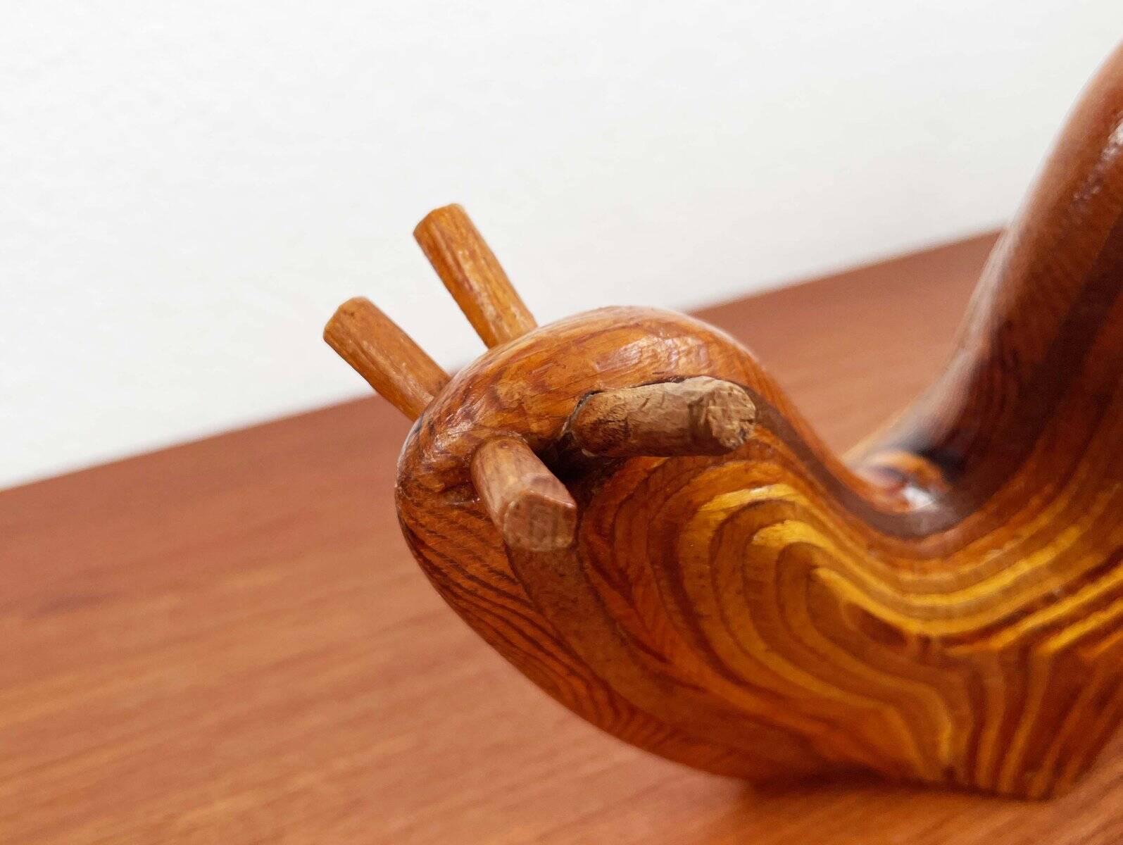 Large Danish carved wooden snail sculpture from the mid-century, 1960s.