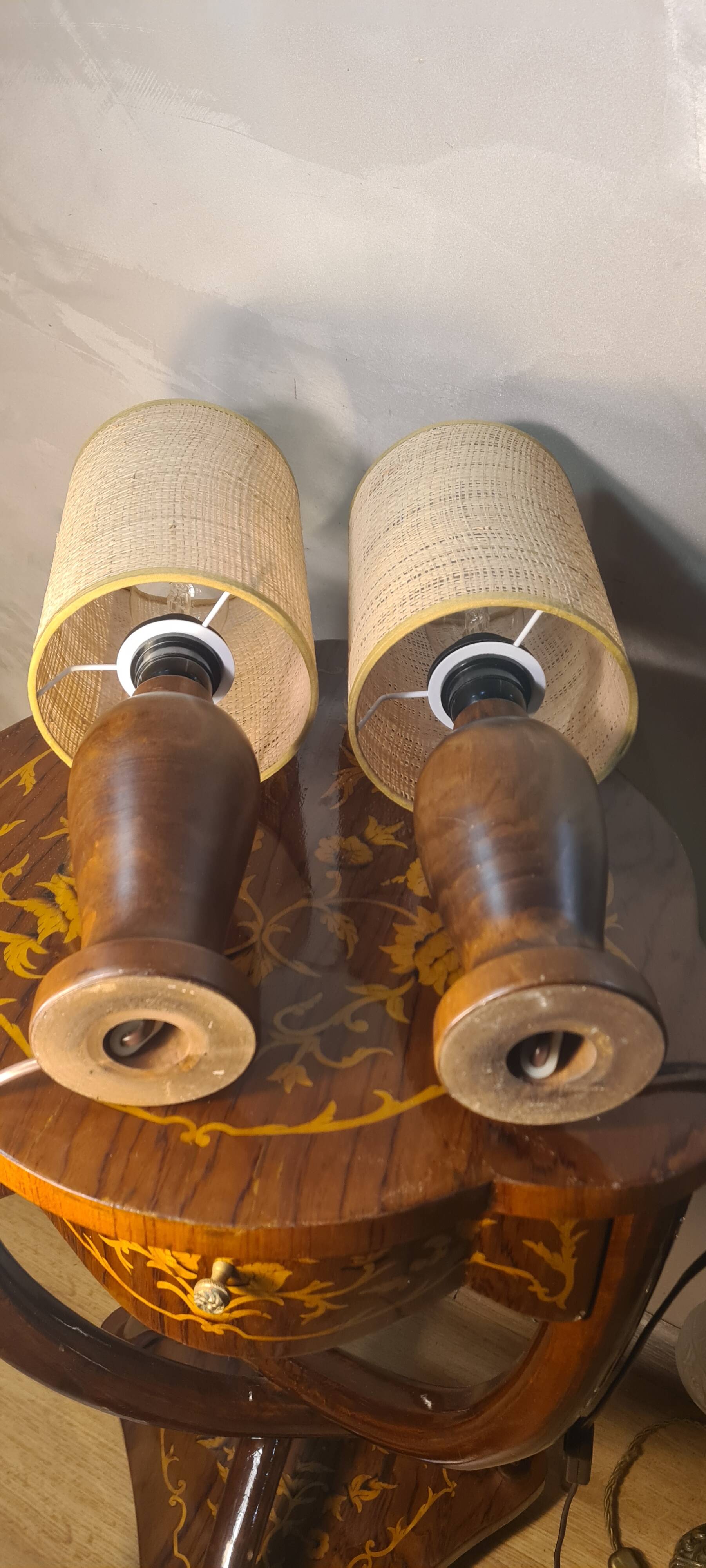 pair of Scandinavian wooden lamps with straw lampshade 41x15