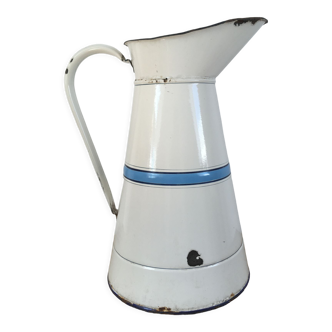 White and blue enamelled sheet metal pitcher