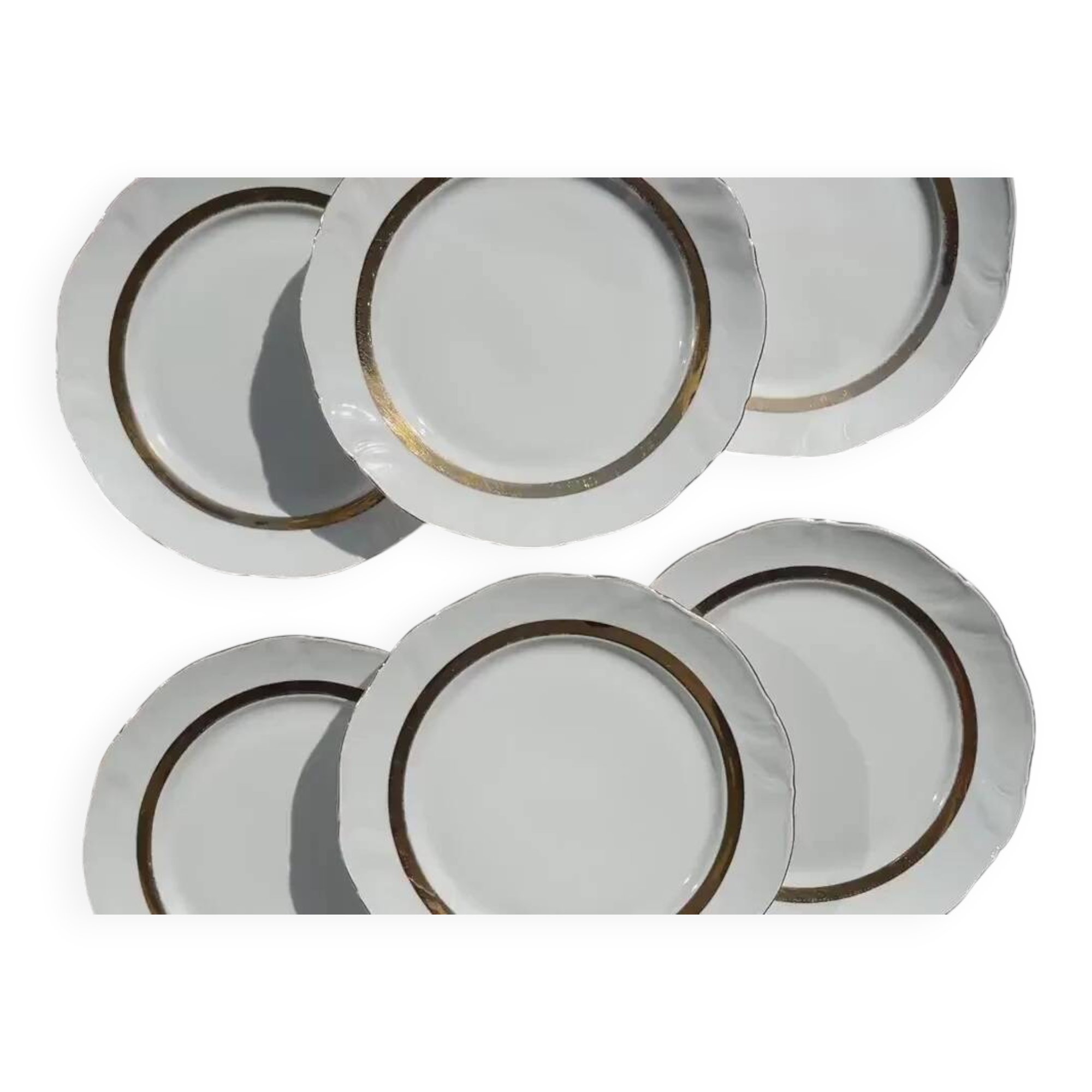 6 Vintage White and Gold Porcelain Dinner Plates Limoge France ADP "Ariane" - Elegant Antique French Tableware