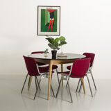 Round table, black lacquered top, solid oak base