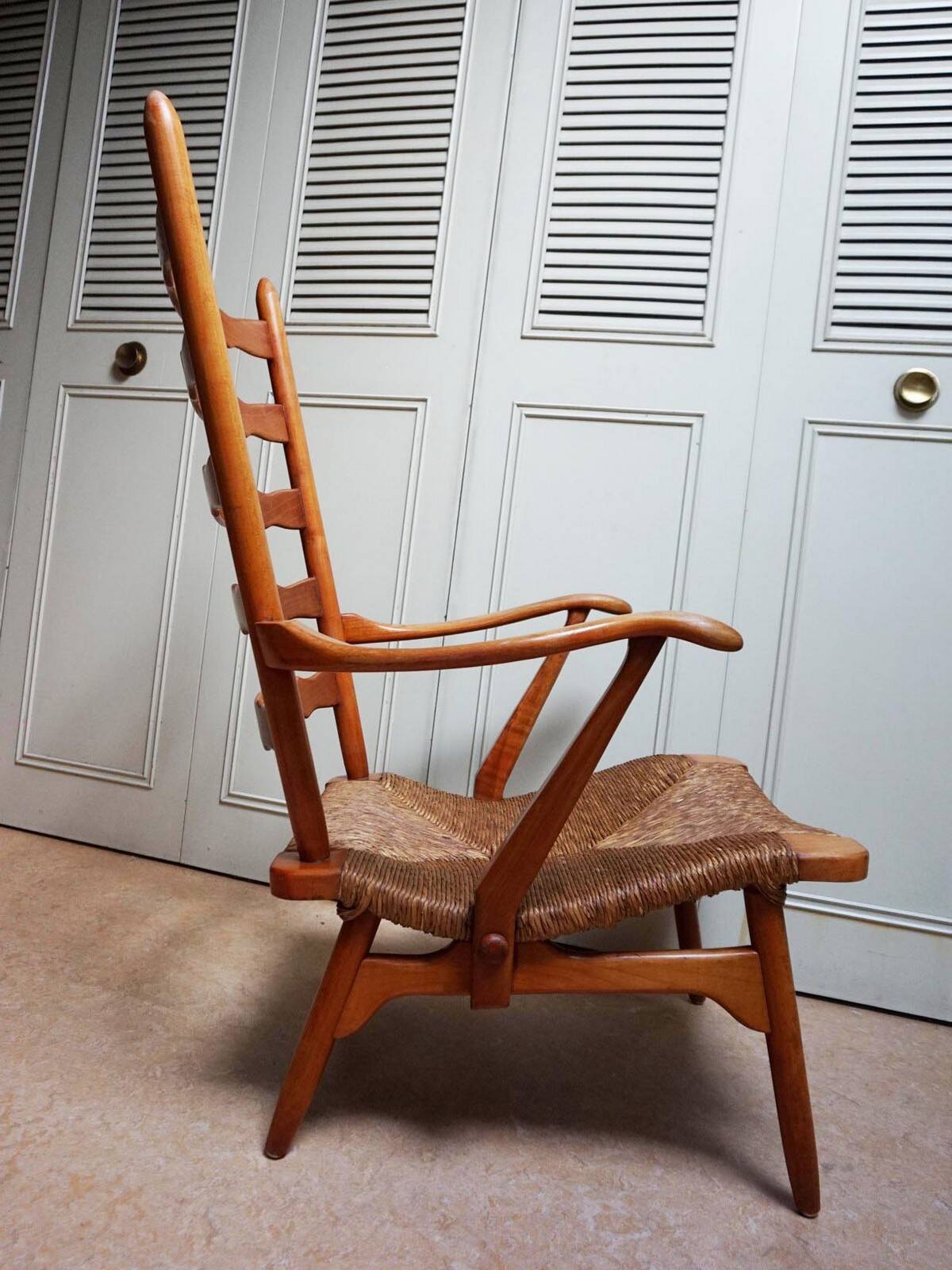 Fauteuil à dossier haut en osier des années 50 néerlandais par De Ster Gelderland