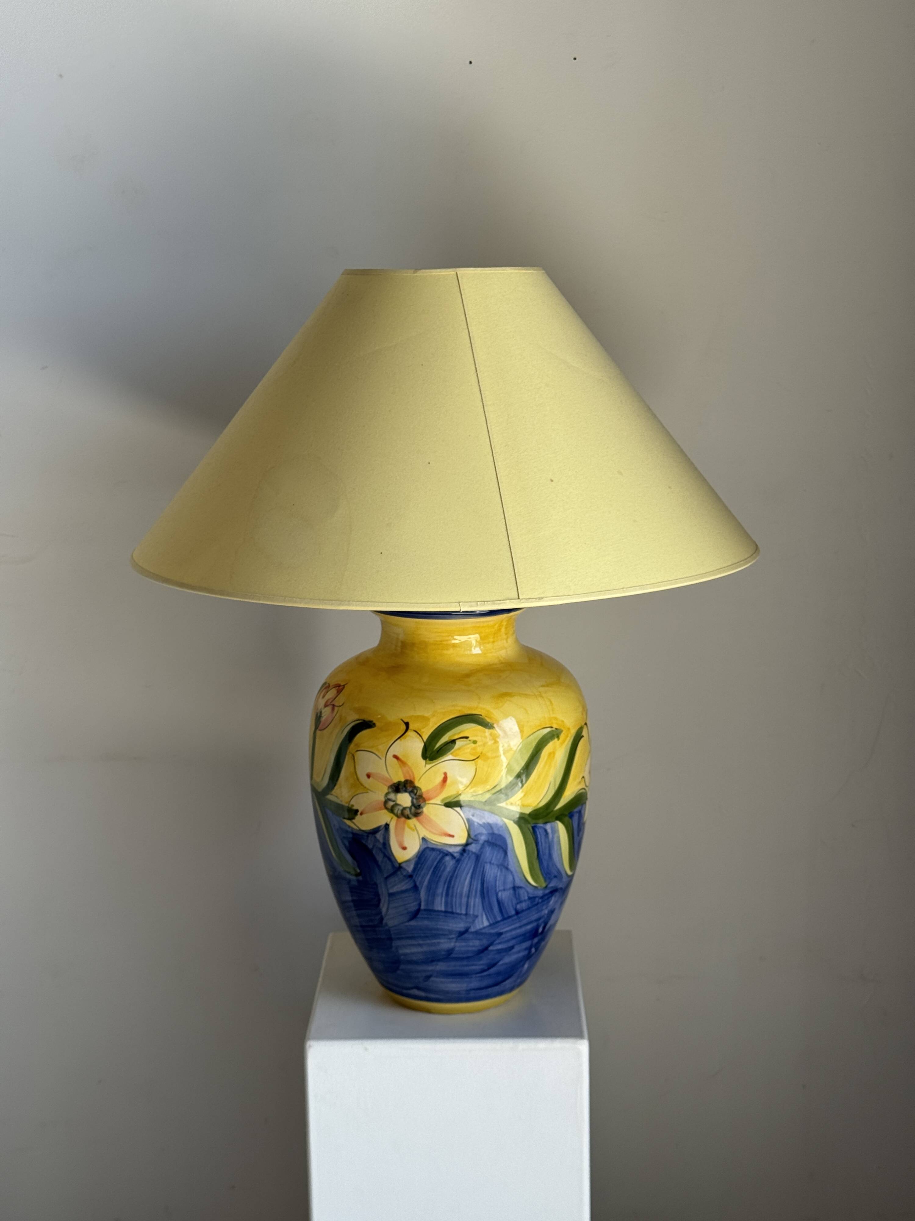 Large blue and yellow lamp with floral patterns H60
