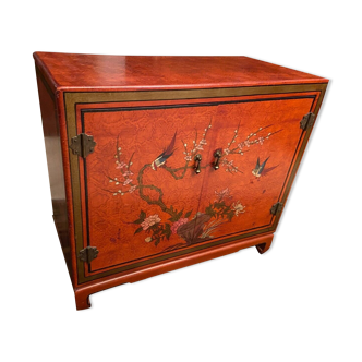 Low sideboard with lacquered decoration with birds on orange background Far East China Japan