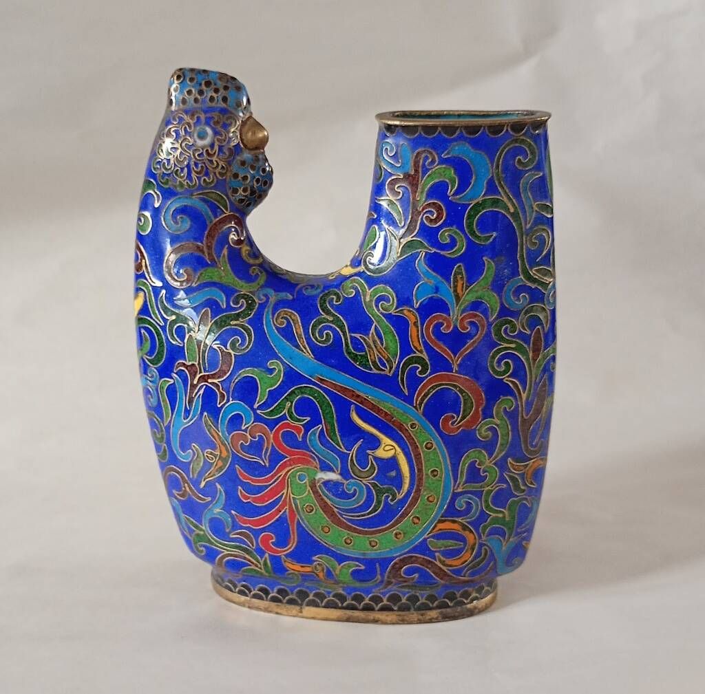 Rare Mid-Century Chinese Cloisonné Enamel Rooster Brush Holder / Vase