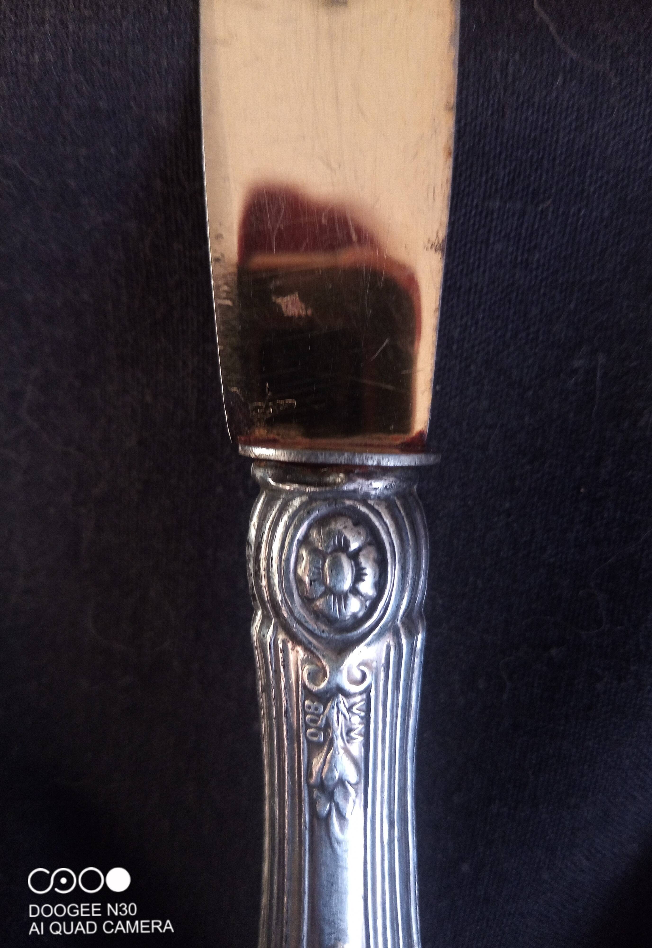 Set of 7 old cheese knives, Solingen brand, in VM800 silver and vermeil