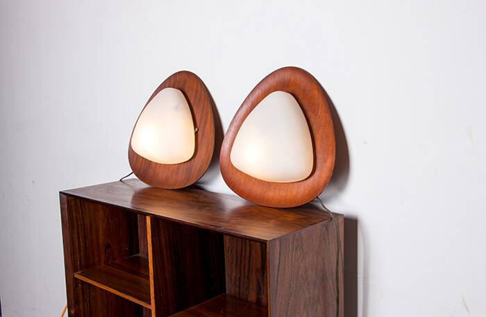Pair of Italian teak and opaline wall lights by Goffredo Reggiani 1960.