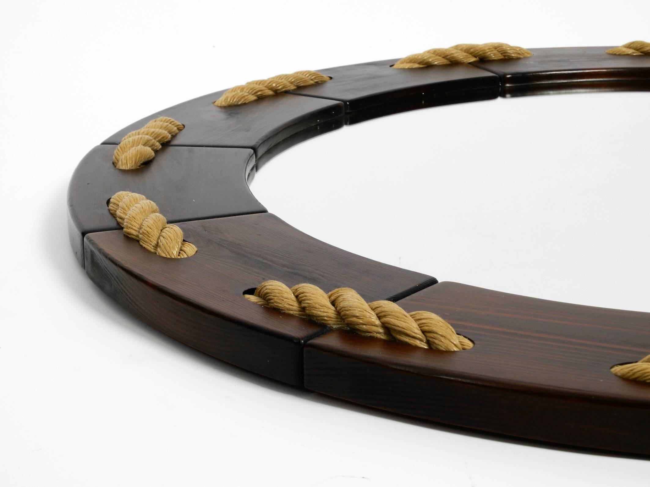 Huge 1970s maritime round pine wood wall mirror from Denmark | ∅ 89cm