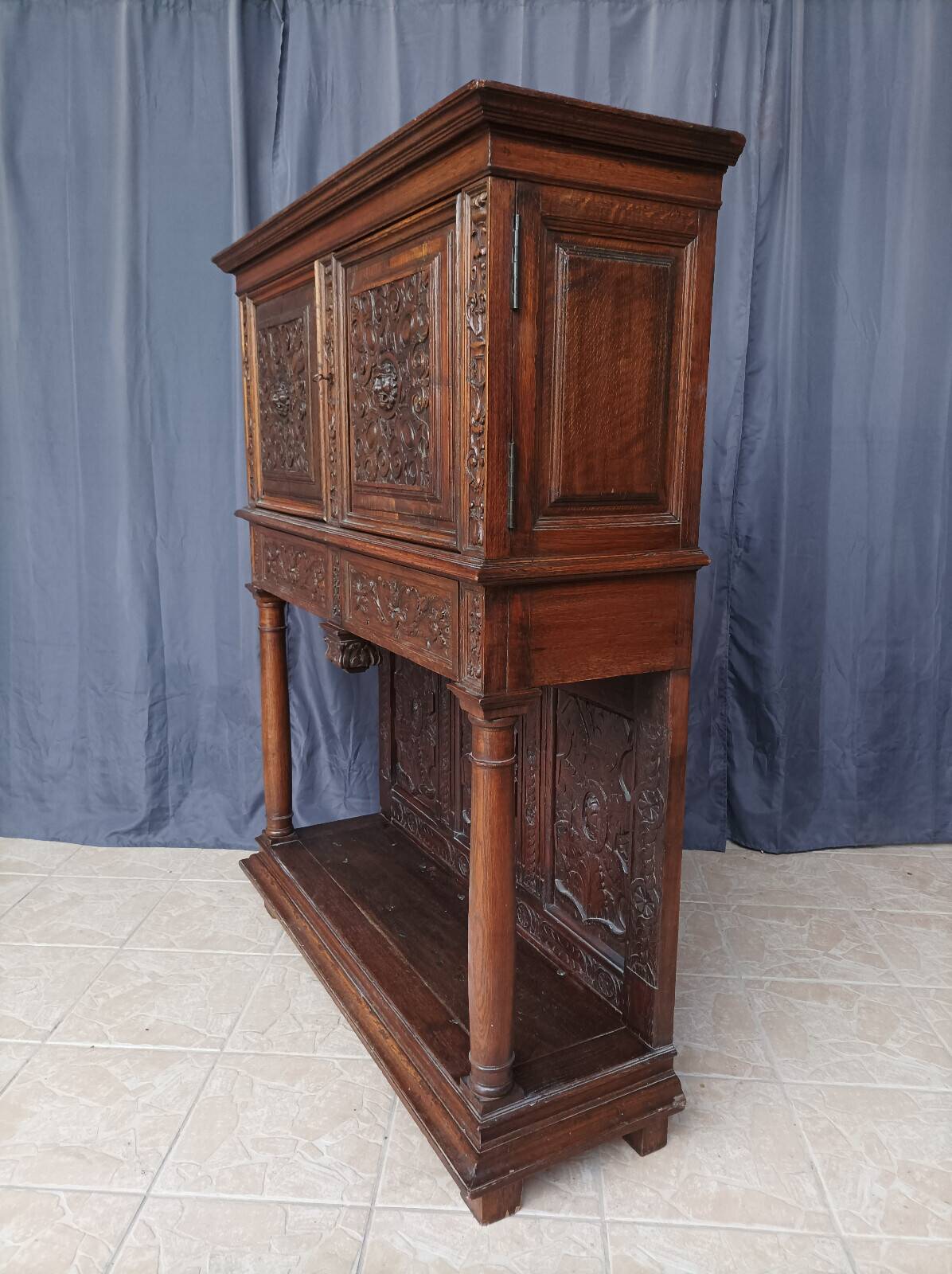 Renaissance oak carved buffet cabinet