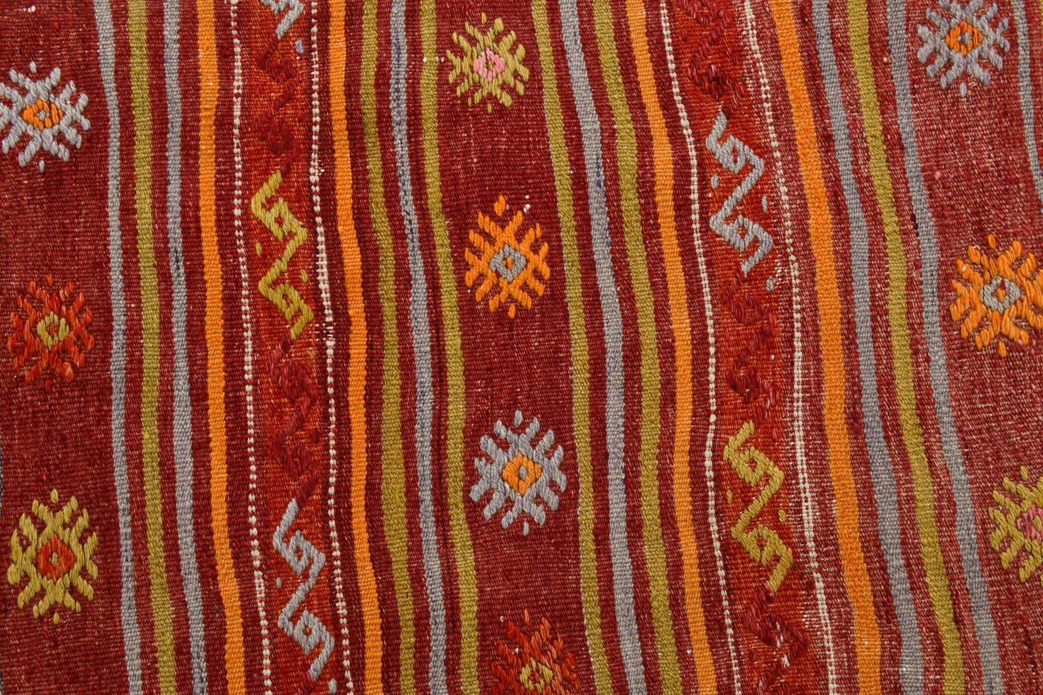 4x7 Red Orange Striped Handmade Wool Kilim Rug