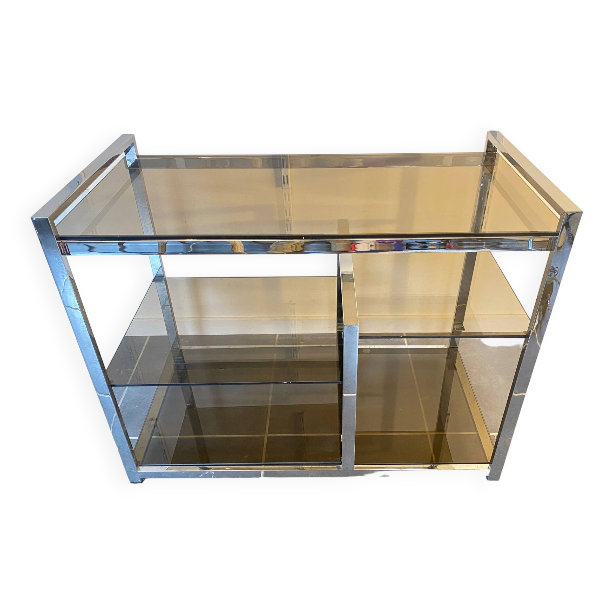 TV storage unit in chrome steel and vintage glass 1970