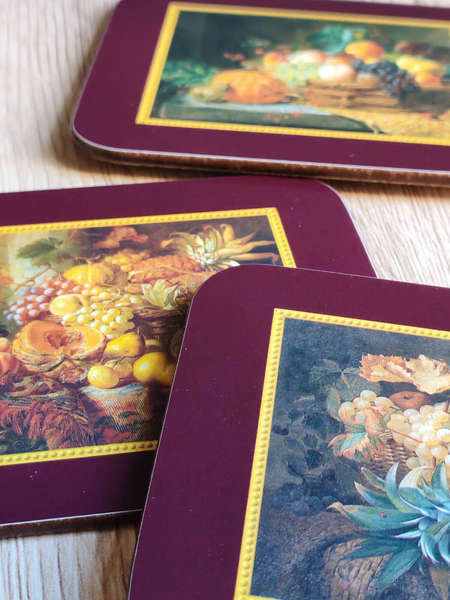 Set of 6 vintage Jason "Still Life Fruit" coasters, cork and durable.