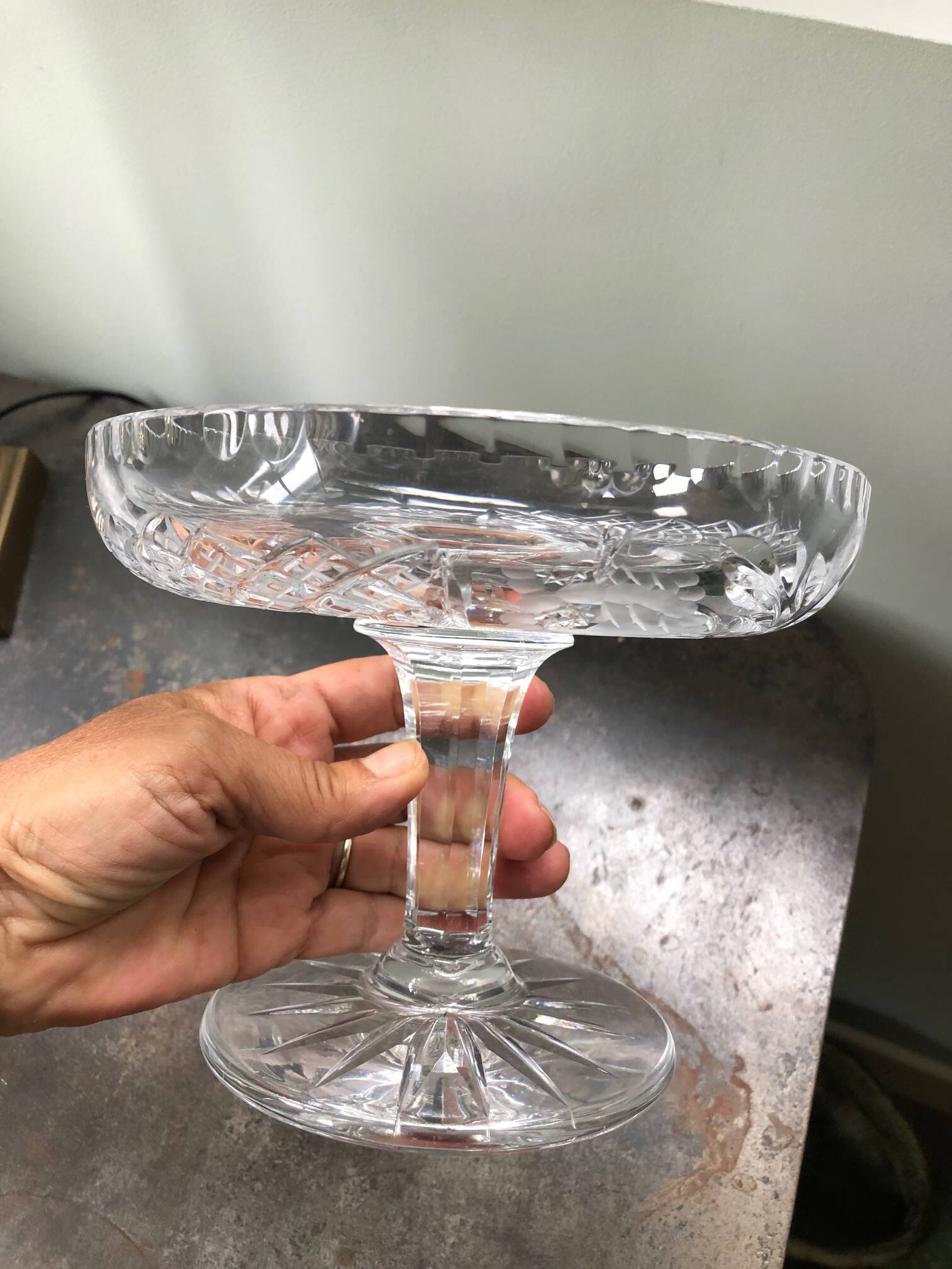 antique footed bowl in engraved glass - fruit bowl