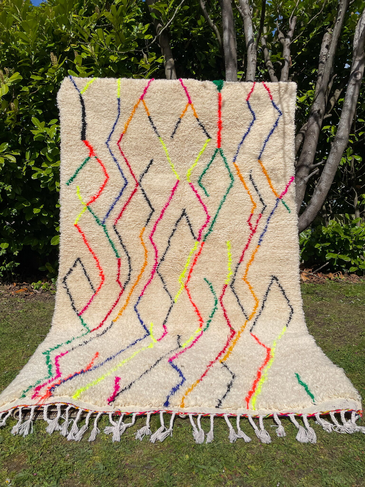 Berber rug Azilal colorful white with minimalist patterns multicolored and modern fluorescent