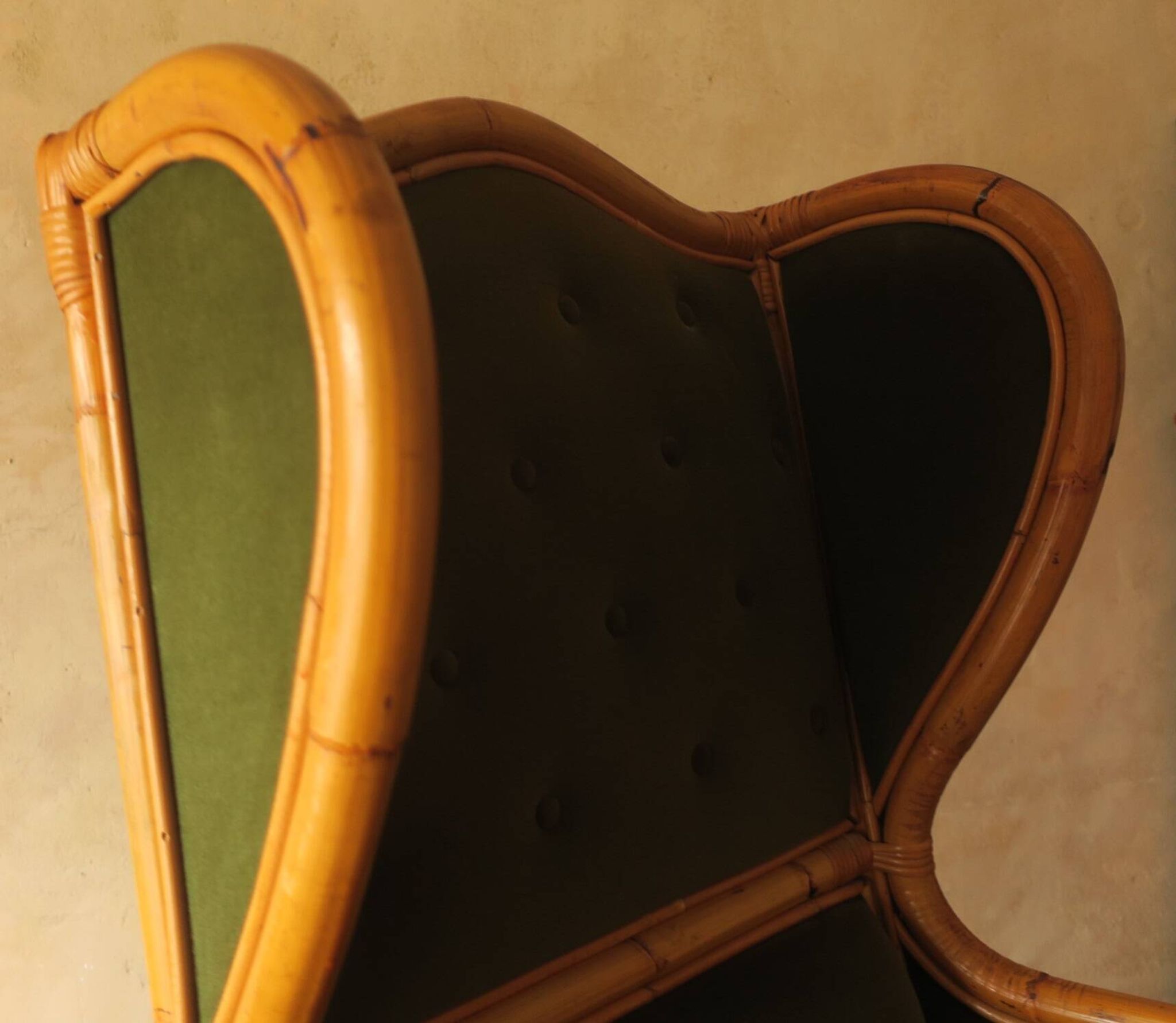 Mid-century wingback chair in bamboo and olive green, 1960s
