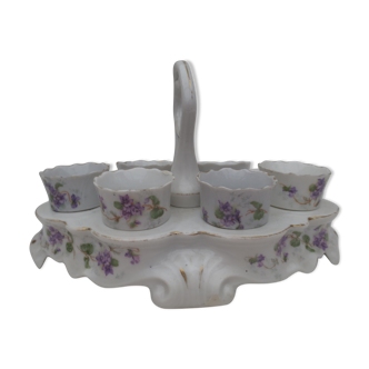 Ancien service de 6 coquetiers en porcelaine décorée sur support