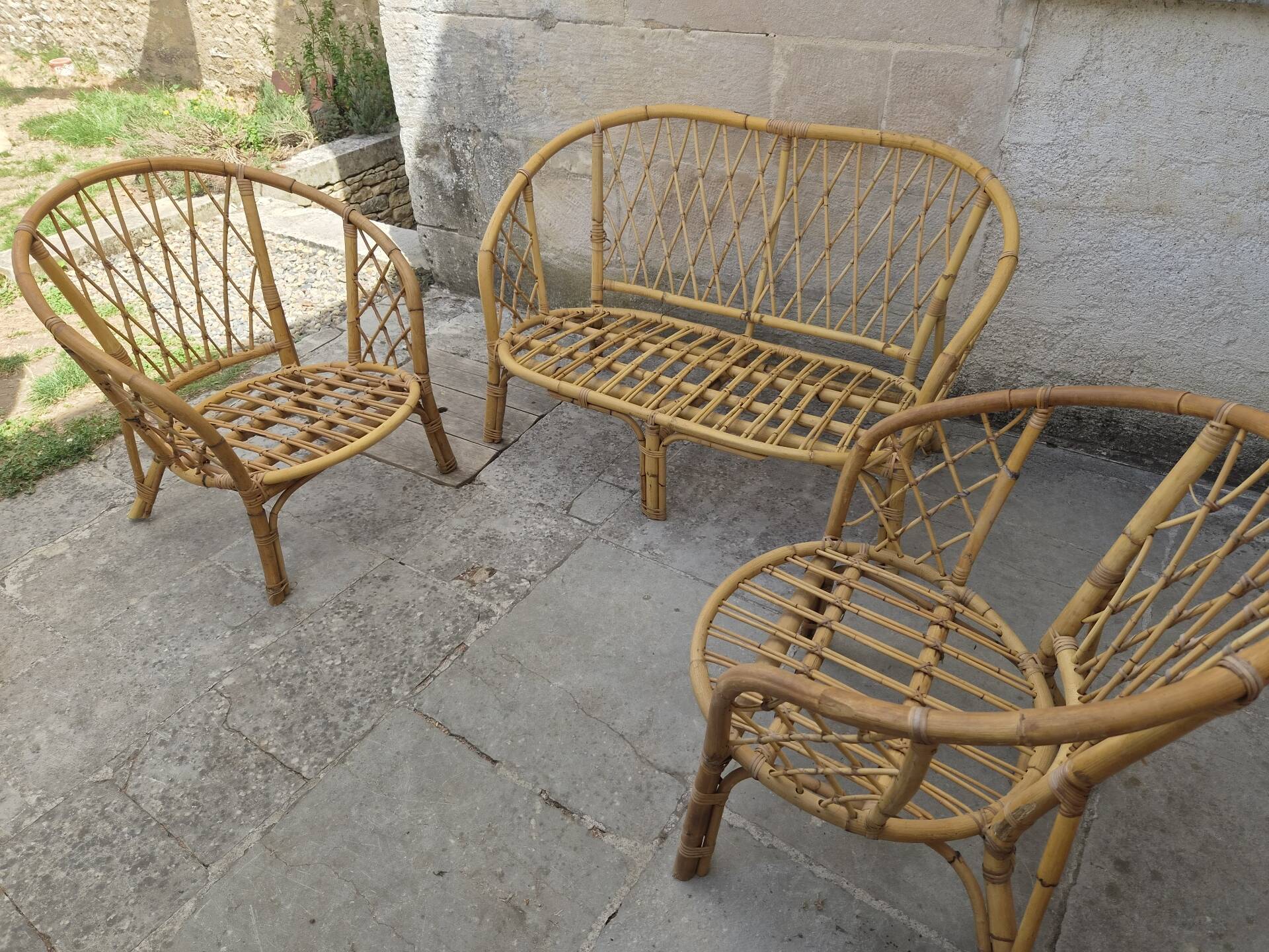Salon de jardin Vintage en bambou et rotin - Années 60/70