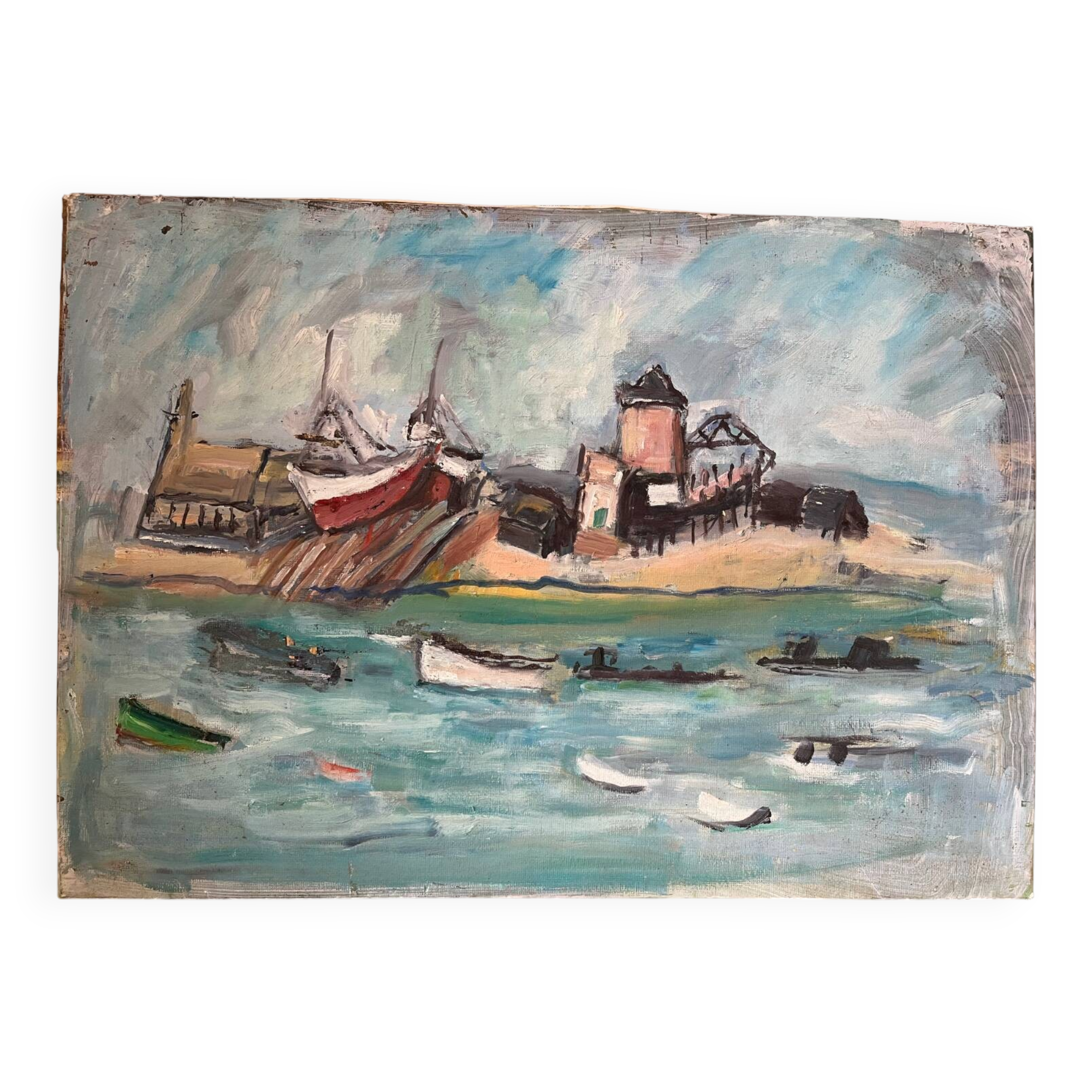 Boats in the harbor, oil on panel