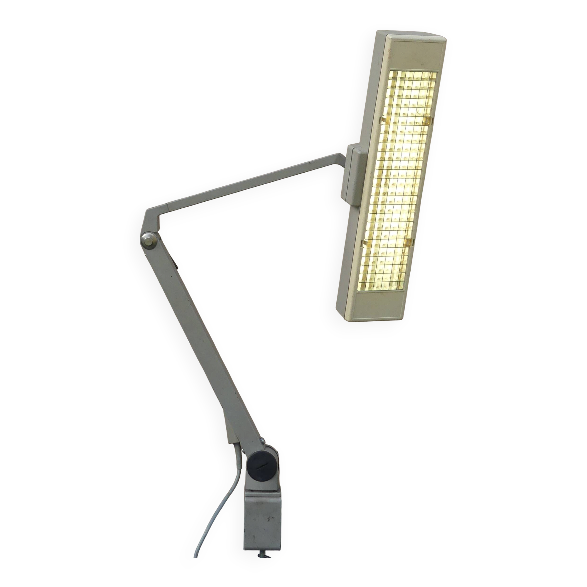 WALDMANN articulated workshop lamp with two industrial clamp arms for architects.