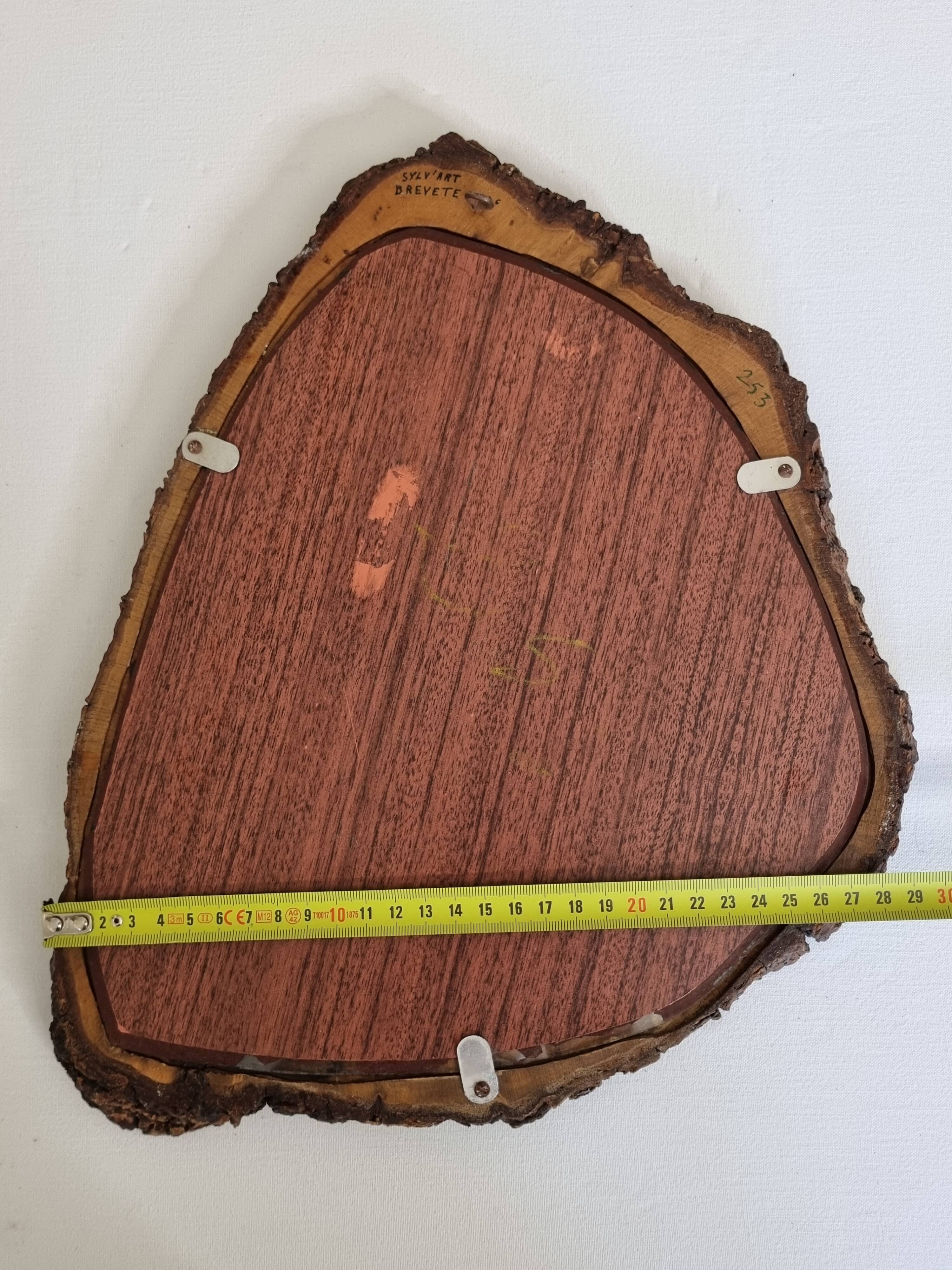 Vintage mirror with live edges in burl wood, signed, 1970s, 36 cm