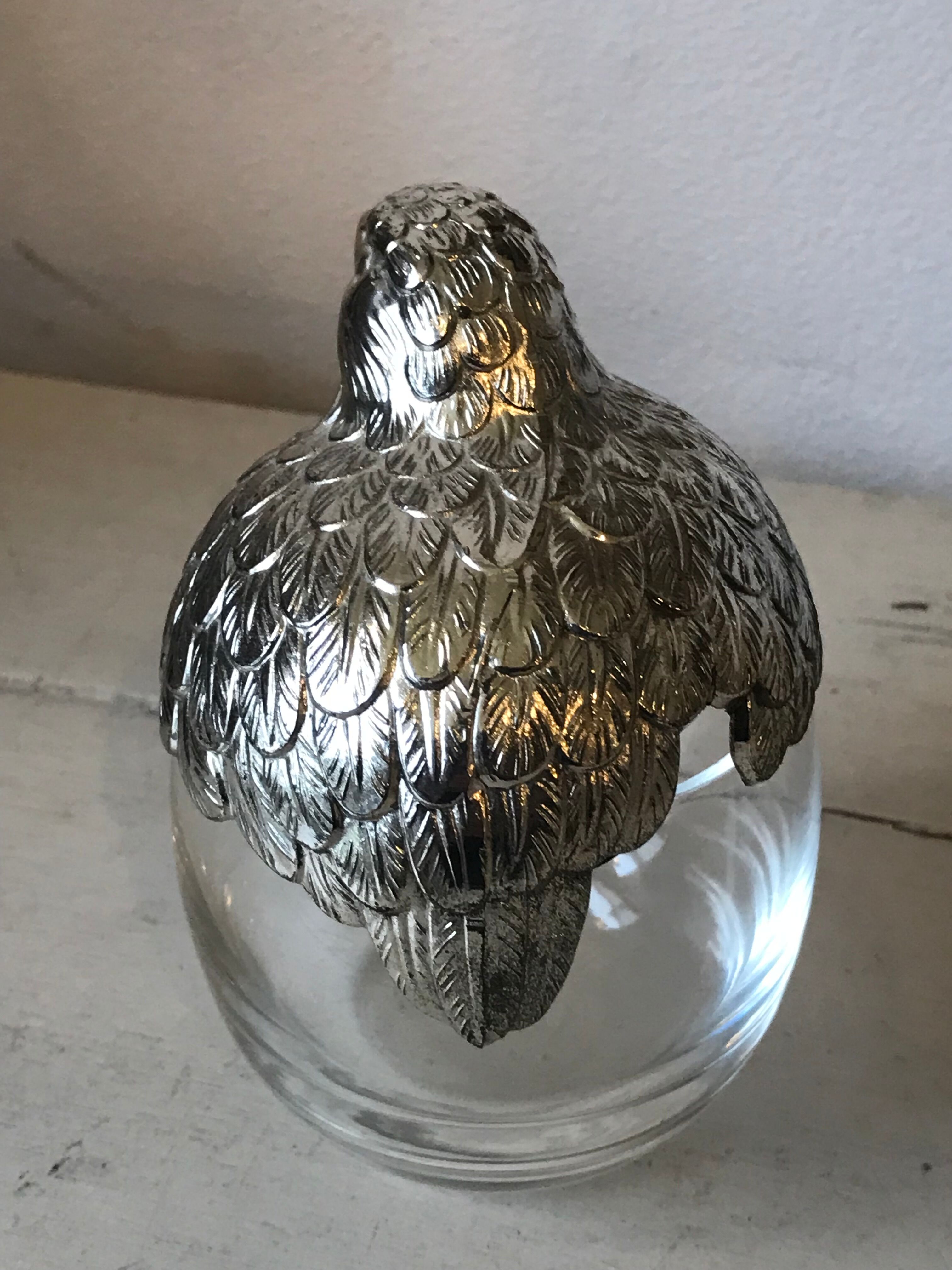 Quail-shaped table mustard silver metal and glass