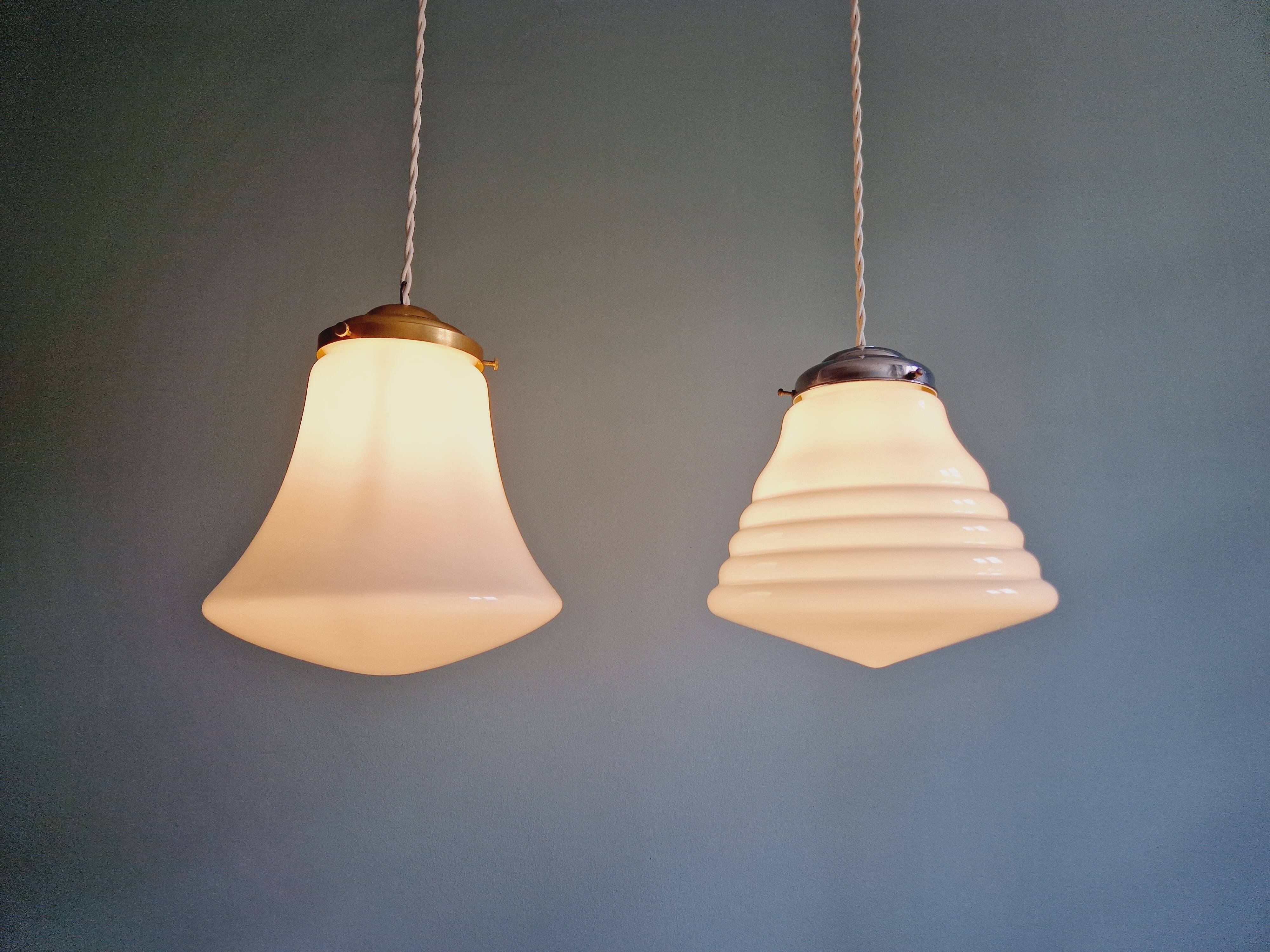 Vintage bell-shaped white opaline pendant light